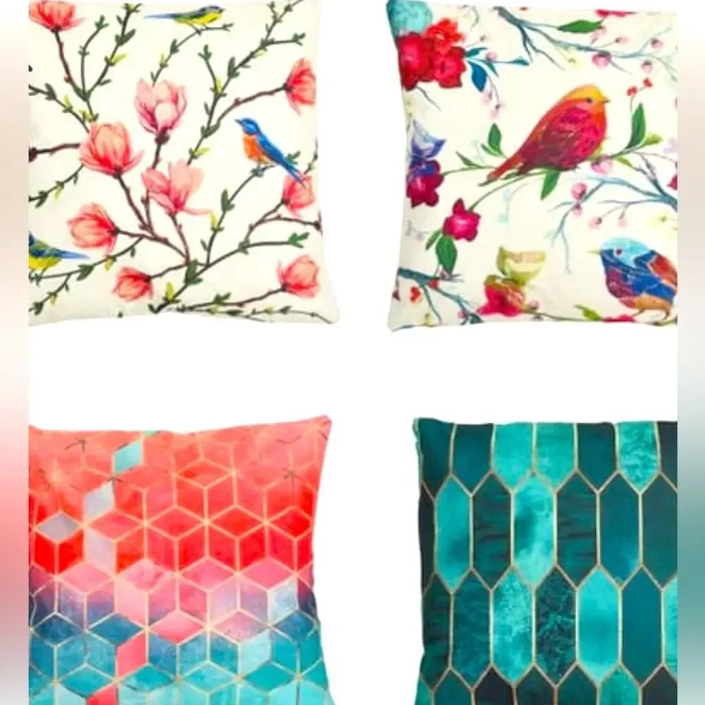 Clearance-Set of 4 Pillow Covers 2 Bird/Floral Pattern & 2 Geometric